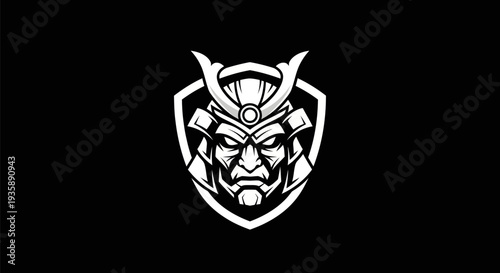Samurai warrior mask emblem on black