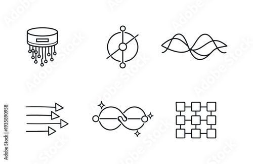 Line style vector icons of superposed quantum processing: quantum-computer icon, qubit-outline motif, superposition-wave outline,