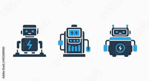 Robot icons: modern bot, AI charging station, and compact robot with electrical energy symbols
