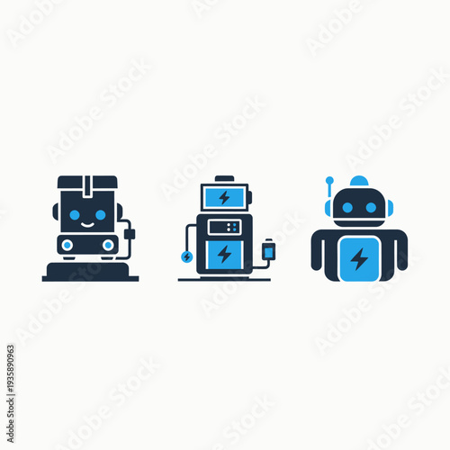 Robot icons: futuristic bot, charging station, and friendly robot with electrical energy symbols