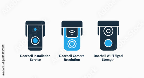 Smart doorbell icons: installation service, camera resolution indicator, and Wi-Fi signal strength gauge