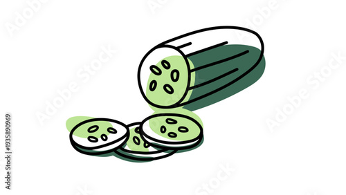 Hand-Drawn Sliced Cucumber Illustration with Offset Color Isolated on White Background