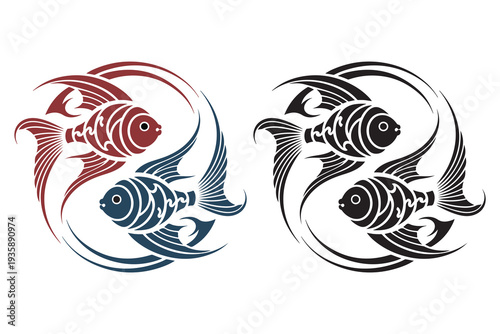 Yin yang fishes circular vector logo illustration in tribal style