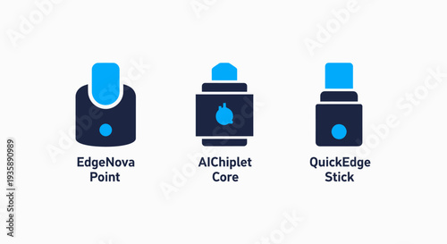 Edge computing icons: compact processing point, AI chiplet core, and compact edge stick device