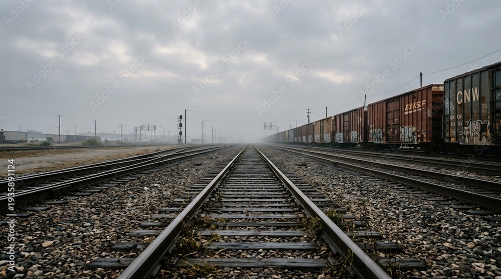 Fototapeta premium 鉄道 線路 貨物列車 曇り空の風景