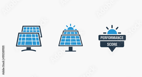 Icons showcasing solar panels and a performance score badge for renewable energy and efficiency.