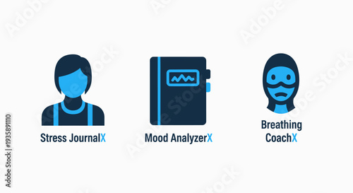 Icons for stress journal, mood analyzer, and breathing coach, promoting mental wellness and self-care.