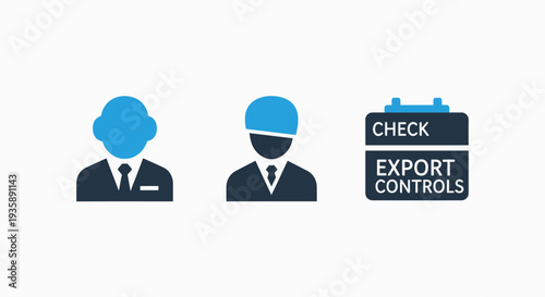 Flat design icons for user profiles, hard hat worker, and export controls checklist, symbolizing personnel, safety, and regulatory compliance.