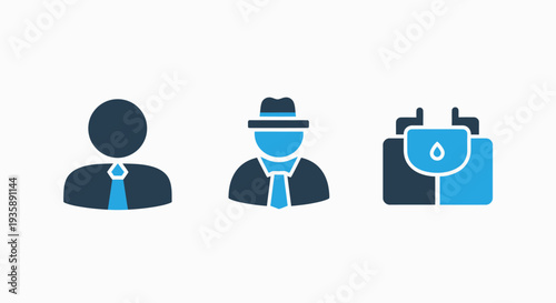 Stylized flat icons of a person, a fedora-wearing person, and a briefcase, representing business professionals, roles, and professional attire.