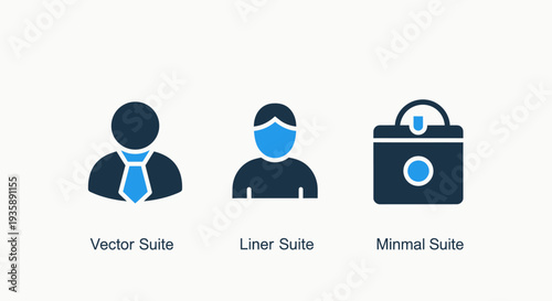 Flat icons for vector, liner, and minimal suits, representing different styles of business attire and user interface design.
