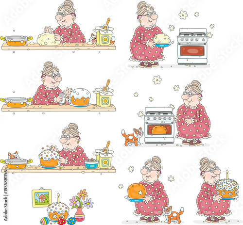 Funny cute granny with a cat cooking at her kitchen, kneading dough, baking and decorating a traditional sweet Easter cake for the spring holiday, a set of vector cartoon illustrations on white