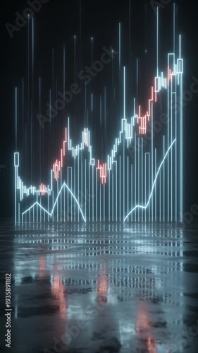 Vibrant glowing neon candlestick and line charts dynamically growing upwards on a dark reflective surface against a black background