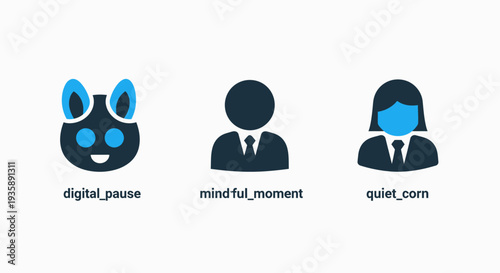 Digital well-being icons: cute character for digital pause, mindful moment silhouette, and quiet time concept, promoting balance and relaxation.
