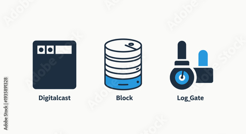Digital infrastructure icons: digital broadcast system, block storage, and log gate, symbolizing data transmission, storage, and access control.