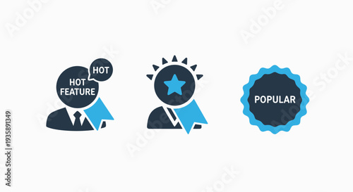 Hot feature and popular icons representing trending items, best sellers, and top choices. Visuals for sales, marketing, and online content.