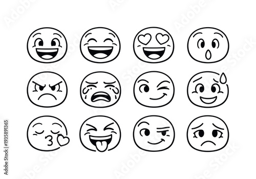 Collection of hand-drawn emoji faces expressing various emotions in a simple black and white line art style