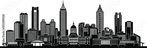 Modern city skyline silhouette with skyscrapers and urban buildings, detailed metropolitan architecture panorama vector illustration isolated on white background