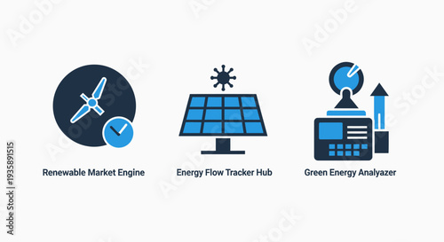 Modern icons representing renewable energy concepts like market engine, energy flow tracking, and green energy analysis, perfect for tech and environmental presentations.