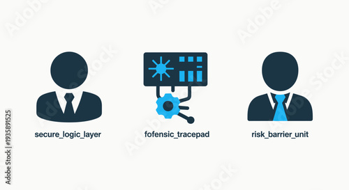 Icons representing security concepts: secure logic layer, forensic tracepad, and risk barrier unit, suitable for cybersecurity and IT solutions.