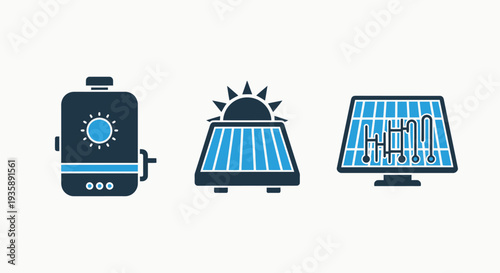 Icons featuring solar energy devices: a water heater, a solar panel with sun, and a detailed solar panel for renewable power generation concepts.