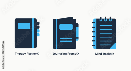 Icons representing therapeutic tools: a therapy planner, journaling prompts, and mind tracking journal, ideal for mental health and self-care applications.