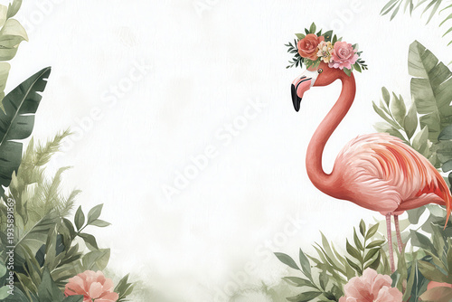 Watercolor flamingo flower crown tropical foliage botanical frame, pastel jungle border with copy space for invitation background