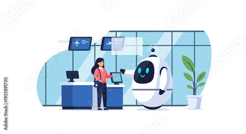 A friendly robot assistant helps a woman at an airport check-in counter with flight information displays in the background.