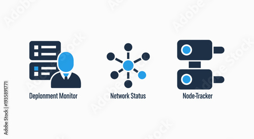 IT Infrastructure Management Icons: Deployment Monitor, Network Status, and Node-Tracker Visuals for Data Center Operations and System Performance