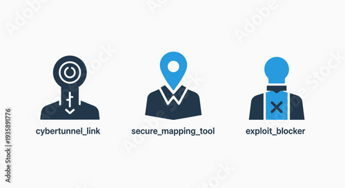 Cyber Tunnel Link, Secure Mapping Tool, and Exploit Blocker Icons Representing Network Security, Data Protection, and Cybersecurity Solutions