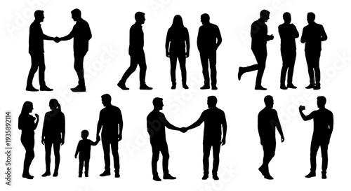 Diverse group of people in various poses and interactions captured in silhouette 
