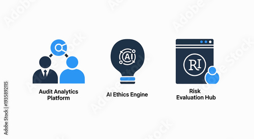 Three icons representing Audit Analytics Platform, AI Ethics Engine, and Risk Evaluation Hub, showcasing business intelligence and data analysis concepts.