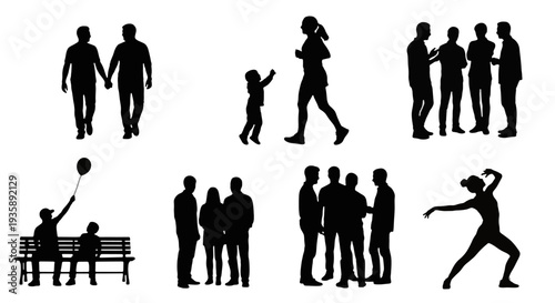 Diverse group of people in various poses and interactions captured in silhouette 