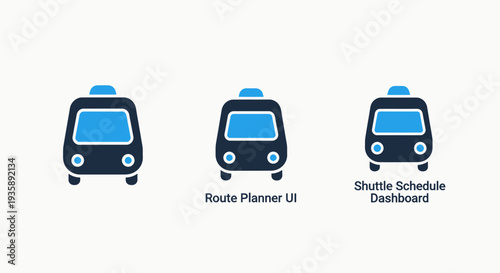 Three stylized bus icons, suggesting route planning and shuttle services, ideal for transportation apps, city guides, and logistic software.