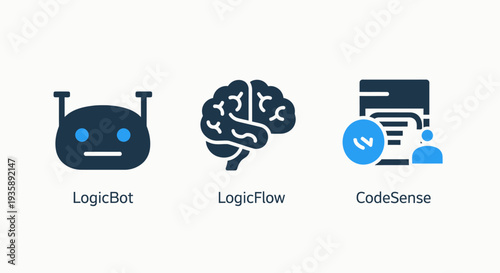 Icons for LogicBot, LogicFlow, and CodeSense, representing artificial intelligence, programming, and data management solutions for tech industries.