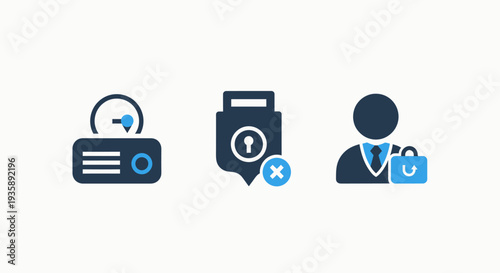 Business Data Analytics, Security Access Denial, and Workflow Refresh Process Flat Icons Representing Information Management and System Updates