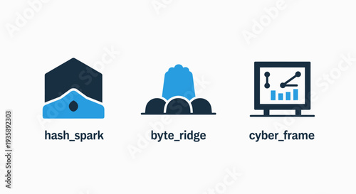 Abstract Technology Icons: Data Spark, Byte Ridge, and Cyber Frame with Business Analytics Display in Flat Design