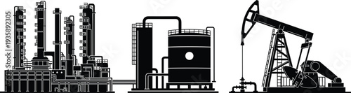 Oil refinery plant, storage tank and pump jack silhouette set, petroleum industry production equipment vector industrial illustration