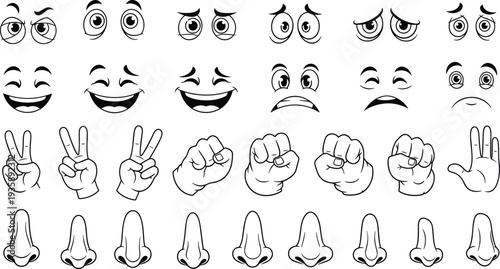 Set of Cartoon Facial Expressions, Hand Gestures, and Noses for Avatars, Emotions, and Character Designs
