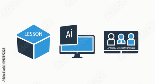 E-Learning and Design Icons: Lesson Block, Adobe Illustrator Software, and Online Learning Dashboard Panel in Flat Vector Style