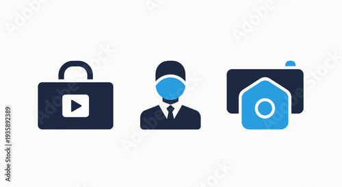 Digital Media Portfolio, Masked Business User, and Smart Home Camera Security System Flat Icons
