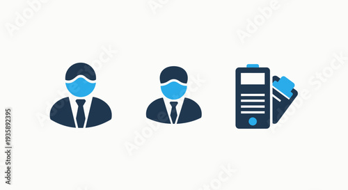 Professional Business Person with Face Mask and Document Management System Flat Icons in Blue and Dark Grey
