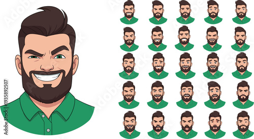 Set of Cartoon Male Character with Multiple Facial Expressions for Animation, Avatars, and Emotive Designs
