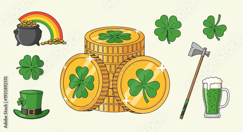Stack of Gold Coins with Shamrocks.