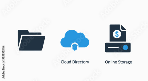 Cloud Computing Icons Featuring a Folder, Cloud Directory Upload, and Online Storage for Digital Data Management and Synchronization