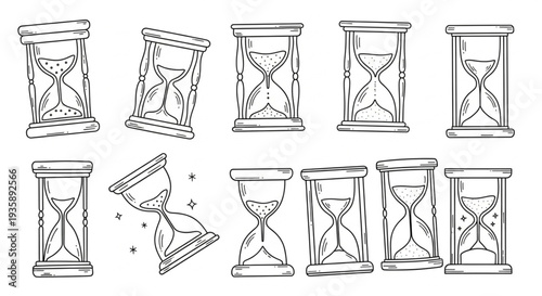 Collection of Hand Drawn Hourglass Icons Representing Time Measurement.