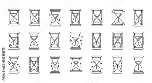 Collection of hand drawn hourglass icons representing time measurement.