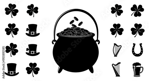 Black Cauldron with Gold Coins and Symbols.