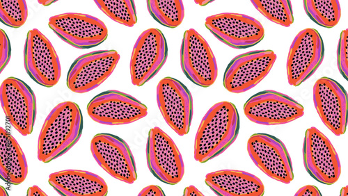 Vibrant Seamless Tropical Papaya Pattern with Stylized Illustrations on White Background