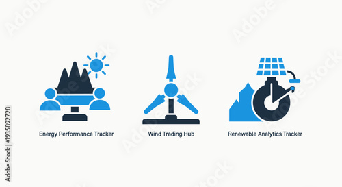Renewable Energy Performance and Analytics Tracker Icons for Sustainable Wind and Solar Power Solutions and Monitoring