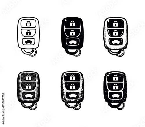 Remote car key fob with buttons and small metal key ring used to lock unlock and access vehicles wirelessly | Create ONE image